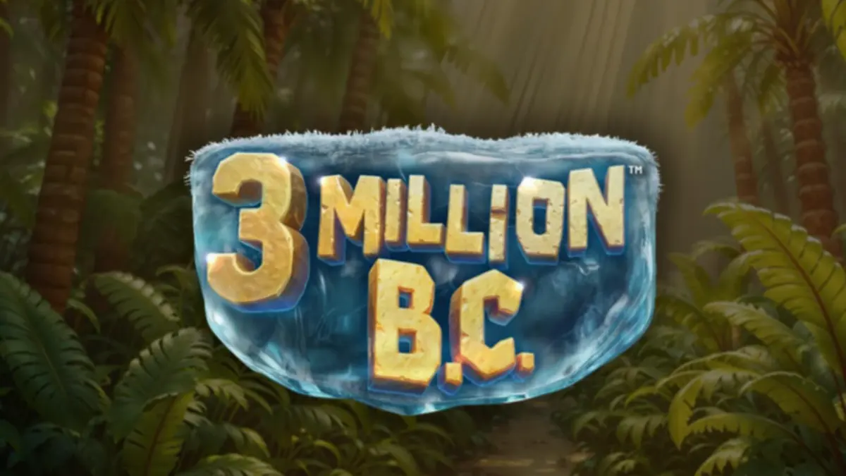 Cena do jogo 3 Million B.C. com elementos pré-históricos e a roda de prêmios em destaque.