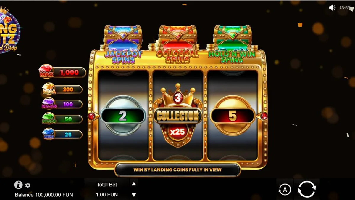 Interface do jogo de slot Bling Blitz Diamond Drop com diamantes e moedas douradas.