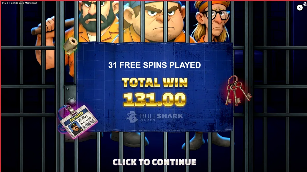 Interface visual do slot Behind Bars Masterplan com tema de fuga de prisão