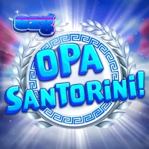 Interface do jogo de slot Opa Santorini com fundo mediterrâneo