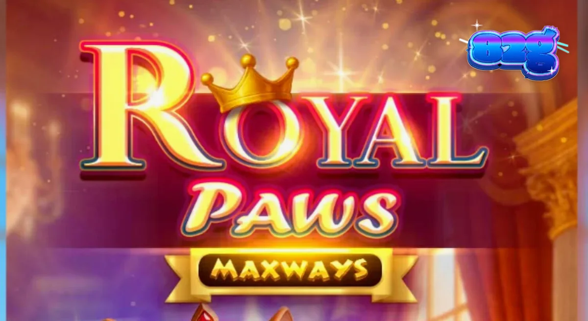 Captura de tela do jogo Royal Paws Maxways, mostrando os símbolos de realeza e pets em um jardim luxuoso.